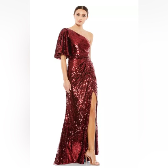 MAC DUGGAL ONE -SHOULDER SEQUIN COLUMN BUGUNDY RED GOWN  0 - Picture 2 of 5